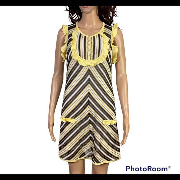 bebe Y2K Retro Black Yellow Striped Yellow Ruffle Trim Knit Mini Dress M - Picture 1 of 6
